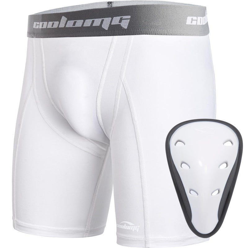 COOLOMG Youth Boys Athletic Cup Underwear Football Baseball Compression Shorts with Protective Cup MMA Lacrosse Field Hockey White S - Image 1